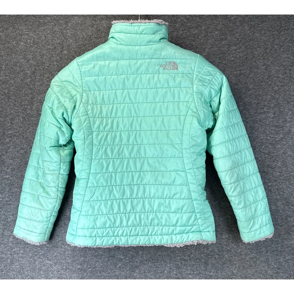 The North Face Mossbud Swirl Jacket Girls M 10/12 Mint Green Reversible Fur Coat